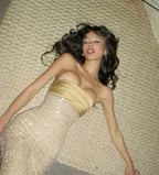 Pretty Mermaid Strapless Long Yellow Sequin Satin Party Dresses Prom Dresses