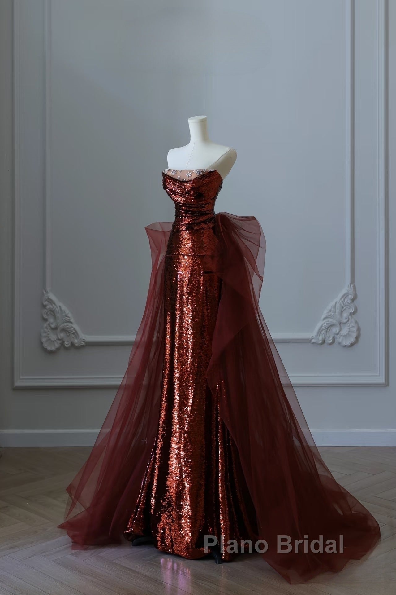 Pretty Mermaid Strapless Sequin Long Burgundy Ruffles Long Formal Prom Dresses Formal Evening Dresses Secondary image
