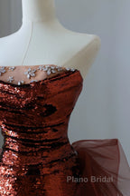 Pretty Mermaid Strapless Sequin Long Burgundy Ruffles Long Formal Prom Dresses Formal Evening Dresses