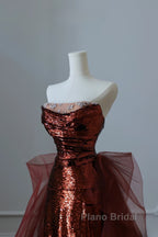 Pretty Mermaid Strapless Sequin Long Burgundy Ruffles Long Formal Prom Dresses Formal Evening Dresses