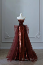 Pretty Mermaid Strapless Sequin Long Burgundy Ruffles Long Formal Prom Dresses Formal Evening Dresses