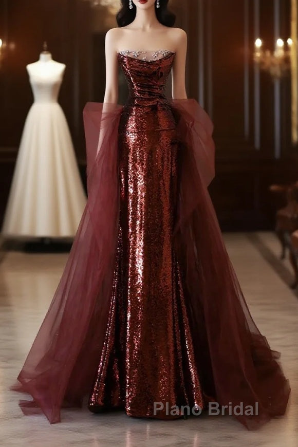 Pretty Mermaid Strapless Sequin Long Burgundy Ruffles Long Formal Prom Dresses Formal Evening Dresses Main image