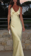 Pretty Mermaid V Neckline Long Yellow Satin Party Dresses Formal Prom Dresses
