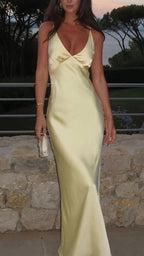 Pretty Mermaid V Neckline Long Yellow Satin Party Dresses Formal Prom Dresses