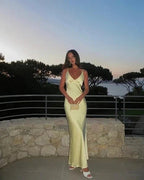 Pretty Mermaid V Neckline Long Yellow Satin Party Dresses Formal Prom Dresses