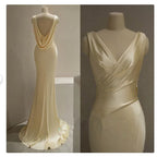 Pretty Mermaid V Neckline Yellow Satin Formal Prom Dresses With Ruffle Long Formal Evening Dresses