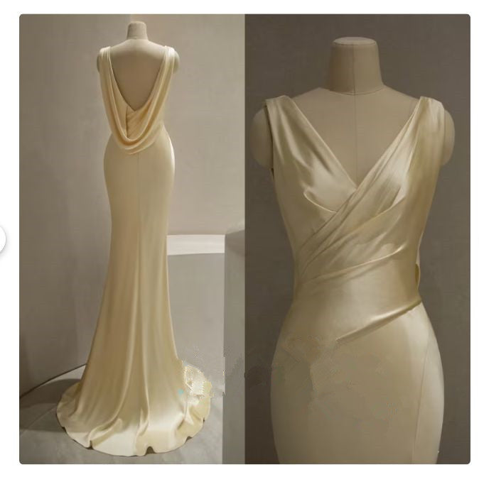 Pretty Mermaid V Neckline Yellow Satin Formal Prom Dresses With Ruffle Long Formal Evening Dresses