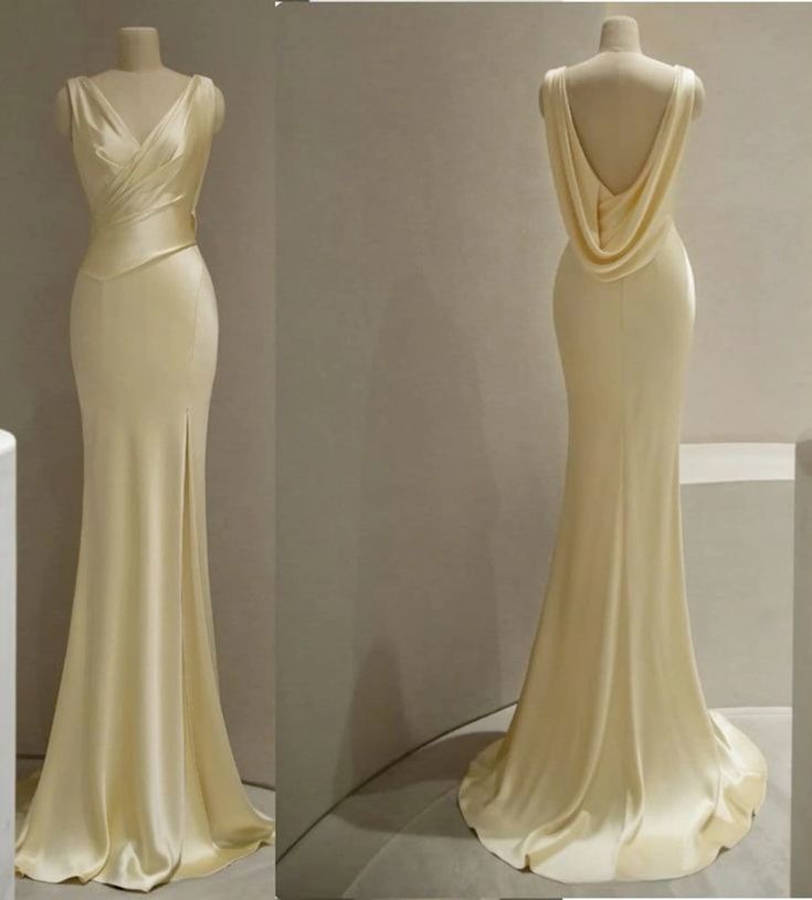 Pretty Mermaid V Neckline Yellow Satin Formal Prom Dresses With Ruffle Long Formal Evening Dresses Main image