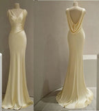 Pretty Mermaid V Neckline Yellow Satin Formal Prom Dresses With Ruffle Long Formal Evening Dresses