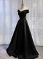 Pretty Off Shoulder Black Satin A-Line Party Dresses Formal Dresses, Long Black Formal Prom Dresses