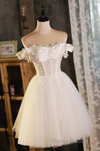 Pretty Off Shoulder Ivory Formal Prom Dresses Short, Ivory Homecoming Dresses, Formal Graduation Evening Dresses