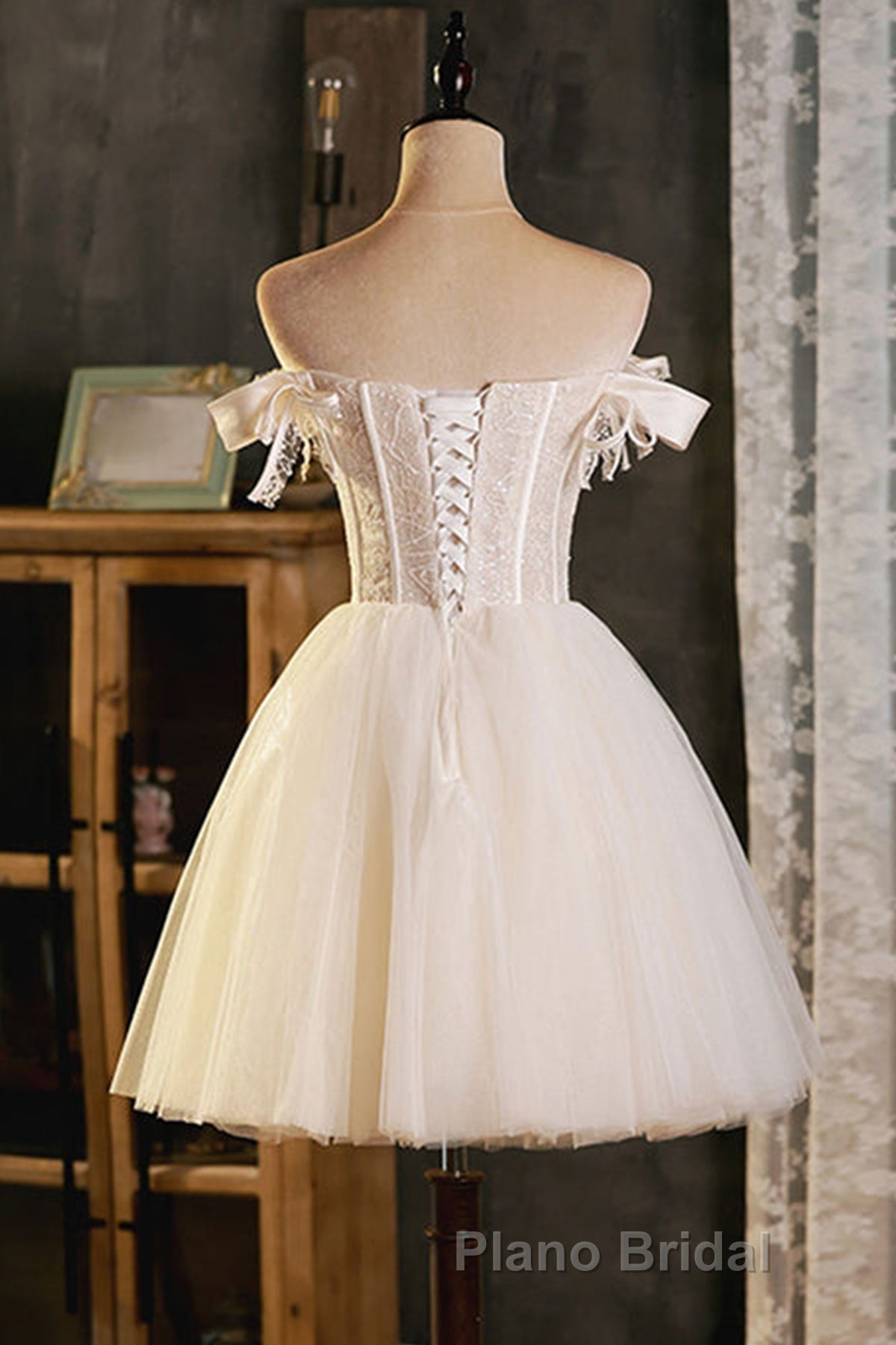 Pretty Off Shoulder Ivory Formal Prom Dresses Short, Ivory Homecoming Dresses, Formal Graduation Evening Dresses