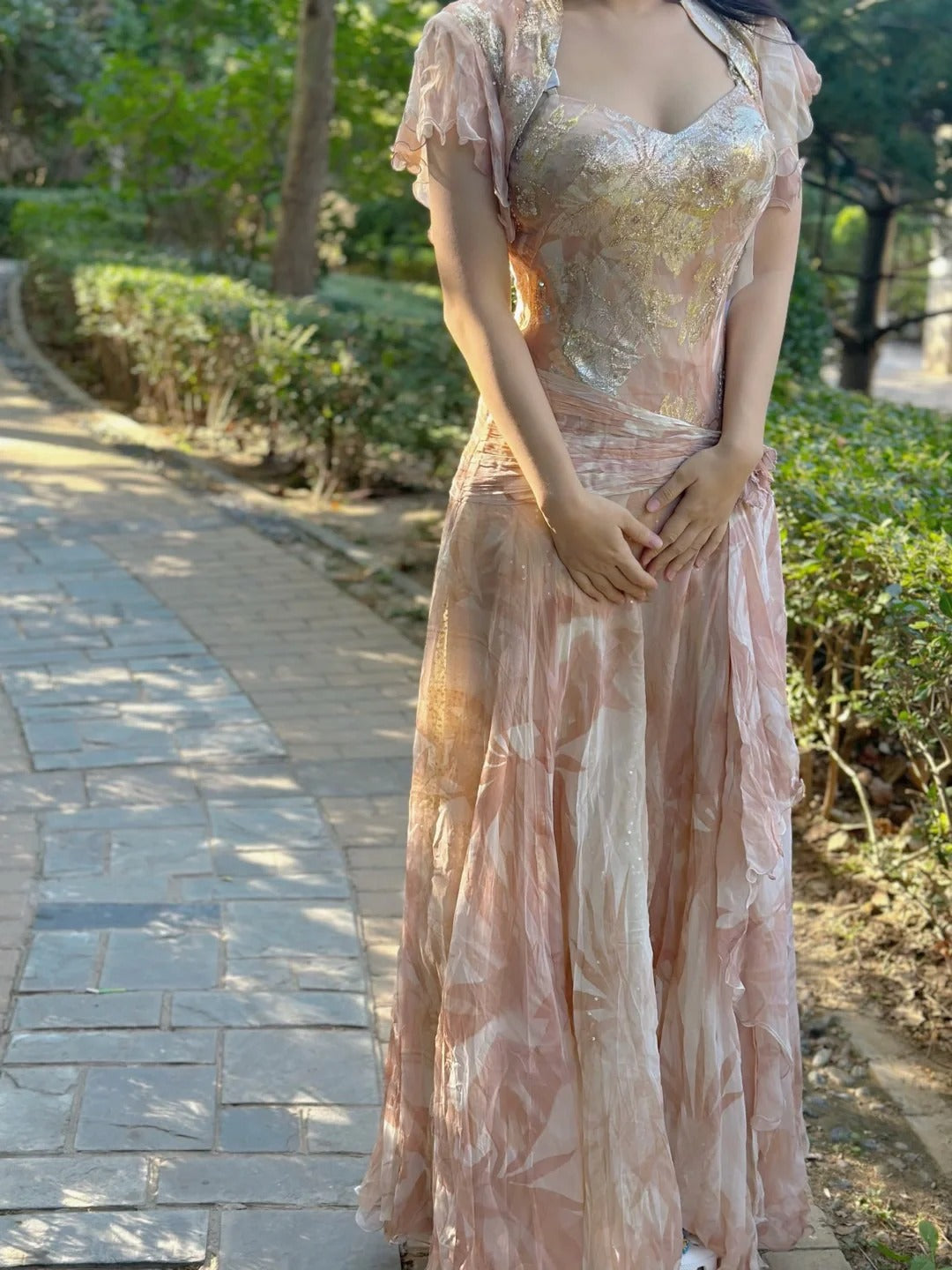 Pretty Pink Floral Print A-Line Chiffon Long Formal Prom Dresses