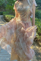 Pretty Pink Floral Print A-Line Chiffon Long Formal Prom Dresses