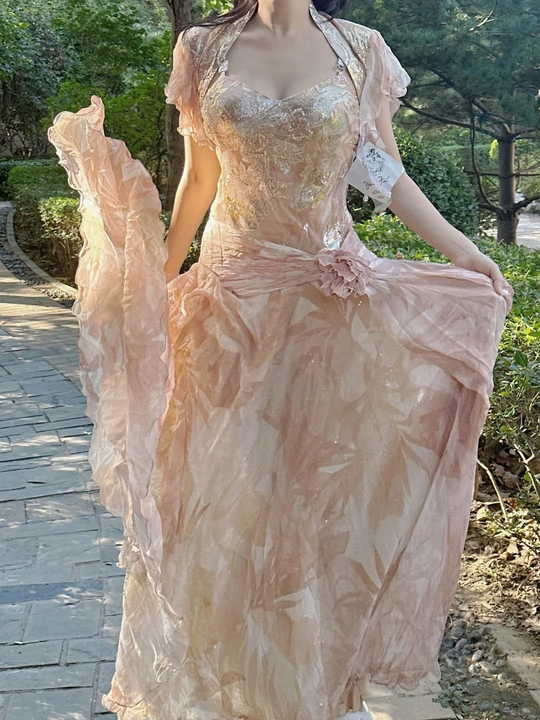 Pretty Pink Floral Print A-Line Chiffon Long Formal Prom Dresses Main image