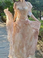 Pretty Pink Floral Print A-Line Chiffon Long Formal Prom Dresses