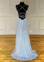 Pretty Formal Prom Dresses, Sheath/Column V Neck Spaghetti Straps Sweep Train Sequined Formal Prom Dresses With Pleated