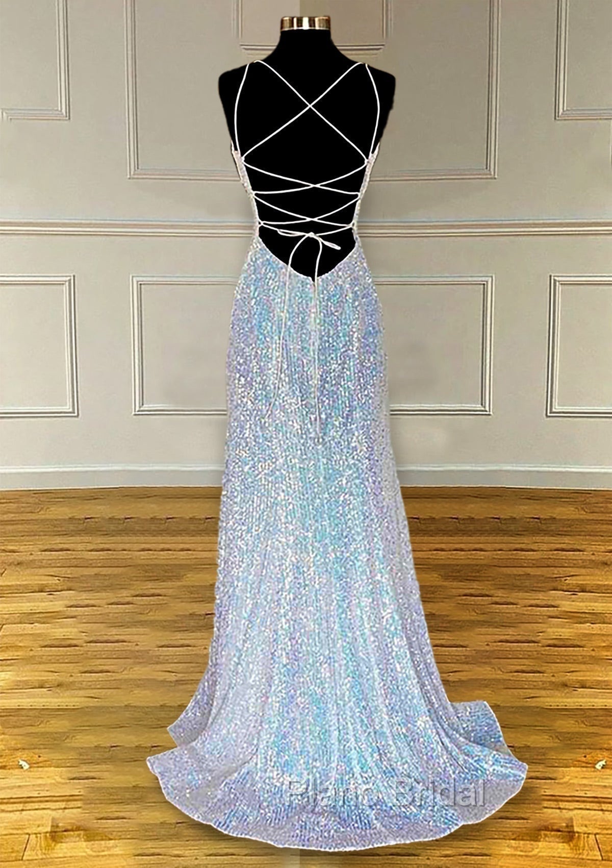 Pretty Formal Prom Dresses, Sheath/Column V Neck Spaghetti Straps Sweep Train Sequined Formal Prom Dresses With Pleated Secondary image