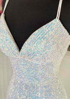 Pretty Formal Prom Dresses, Sheath/Column V Neck Spaghetti Straps Sweep Train Sequined Formal Prom Dresses With Pleated