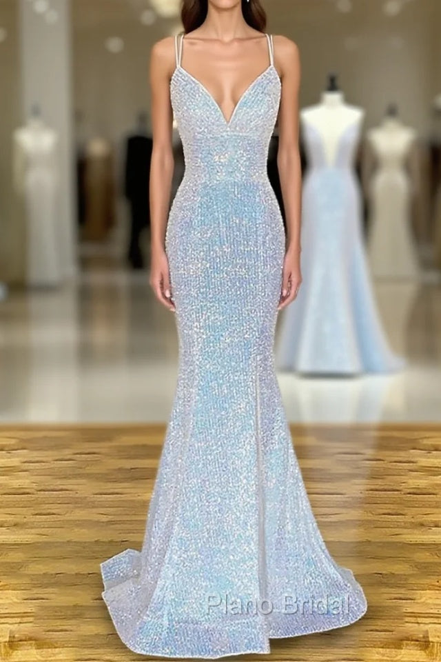 Pretty Formal Prom Dresses, Sheath/Column V Neck Spaghetti Straps Sweep Train Sequined Formal Prom Dresses With Pleated Main image