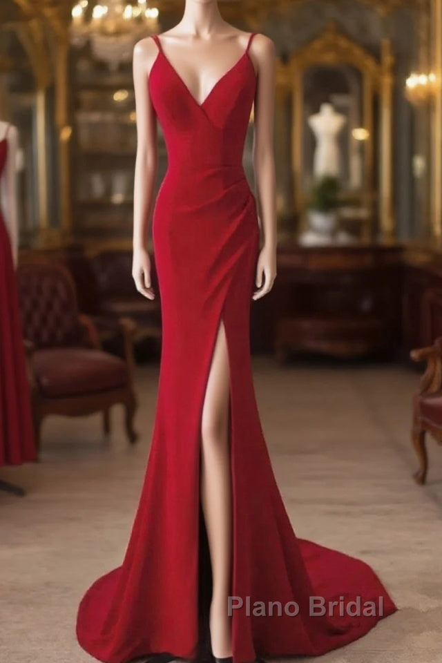 Pretty Red Mermaid Straps Long Evening Dresses With Leg Slit, Red Formal Prom Dresses Main image