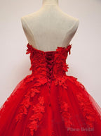 Pretty Red Sweetheart Strapless Ball Gown Applique Tulle Long Prom Dress,Party Dresses