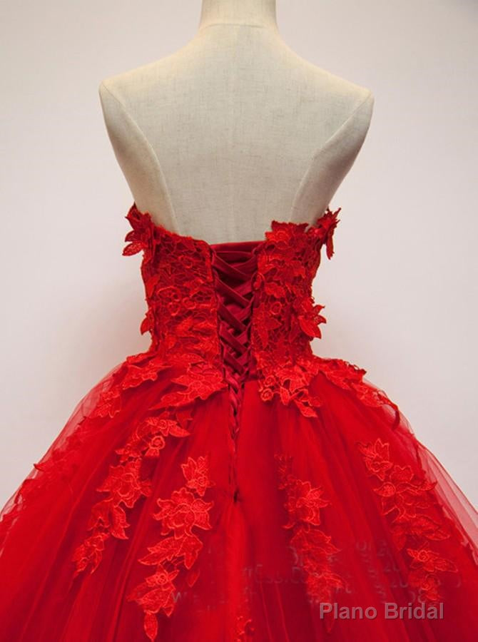 Pretty Red Sweetheart Strapless Ball Gown Applique Tulle Long Prom Dress,Party Dresses