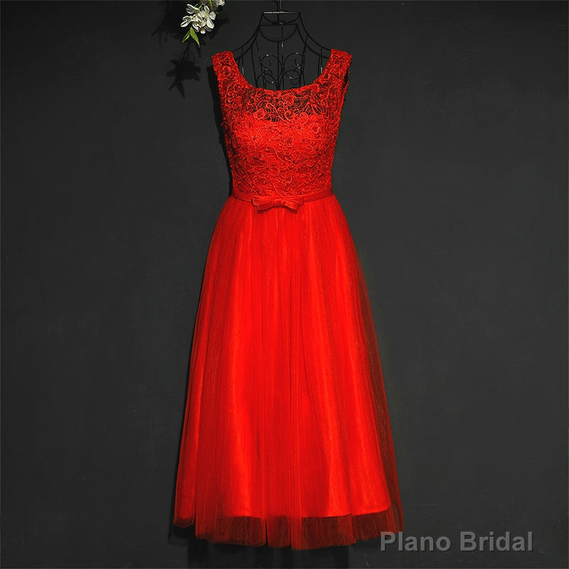 Pretty Red Tulle and Lace Tea Length Party Dress, Red Bridesmaid Dress