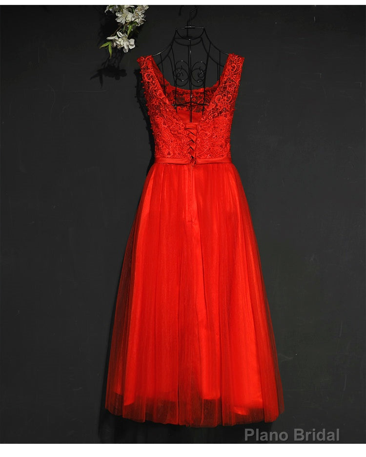 Pretty Red Tulle and Lace Tea Length Party Dress, Red Bridesmaid Dress