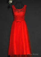Pretty Red Tulle and Lace Tea Length Party Dress, Red Bridesmaid Dress