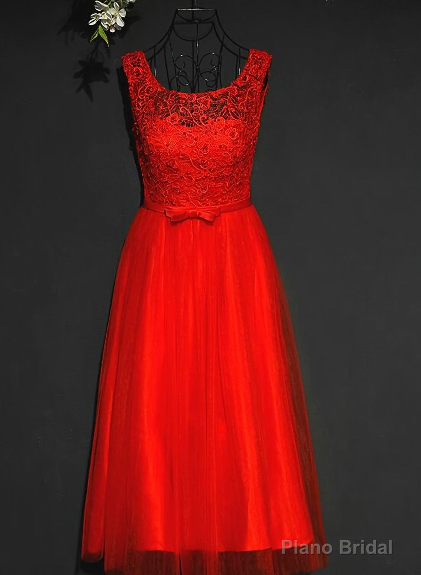 Pretty Red Tulle and Lace Tea Length Party Dress, Red Bridesmaid Dress
