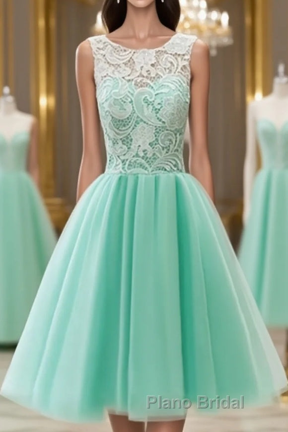 Pretty Round-Neck Lace Tulle Short Green Formal Prom Dresses, Lace Homecoming Dresses Main image