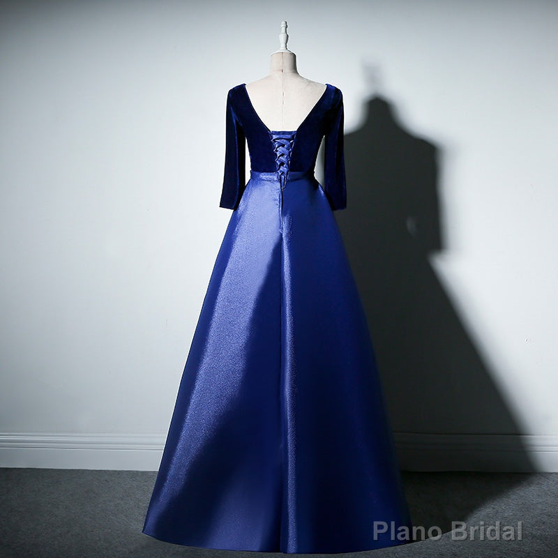 Pretty Royal Blue Long Sleeves Satin with Velvet Party Dress, A-line Long Prom Dress