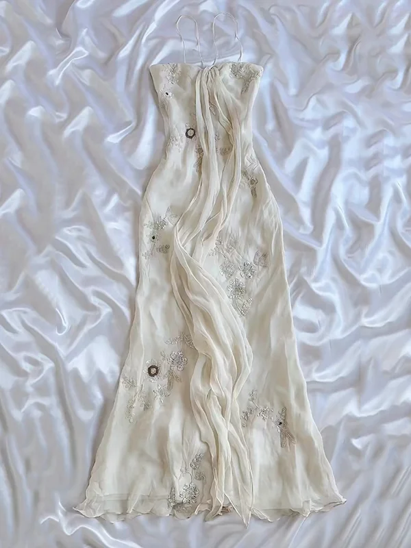 Pretty Sheath Halter Sleeveless Ivory Chiffon Formal Prom Dresses Long Formal Evening Dresses