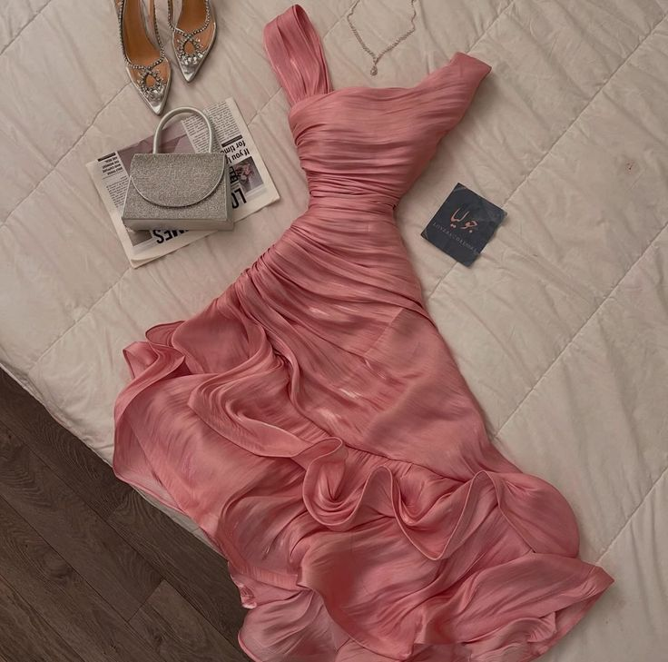 Pretty Sheath Pink Long Ruffles Prom Dresses Formal Evening Dress