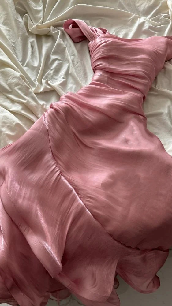 Pretty Sheath Pink Long Ruffles Prom Dresses Formal Evening Dress