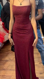 Pretty Sheath Spaghetti Straps Burgundy Slit Long Formal Evening Dresses Formal Prom Dresses