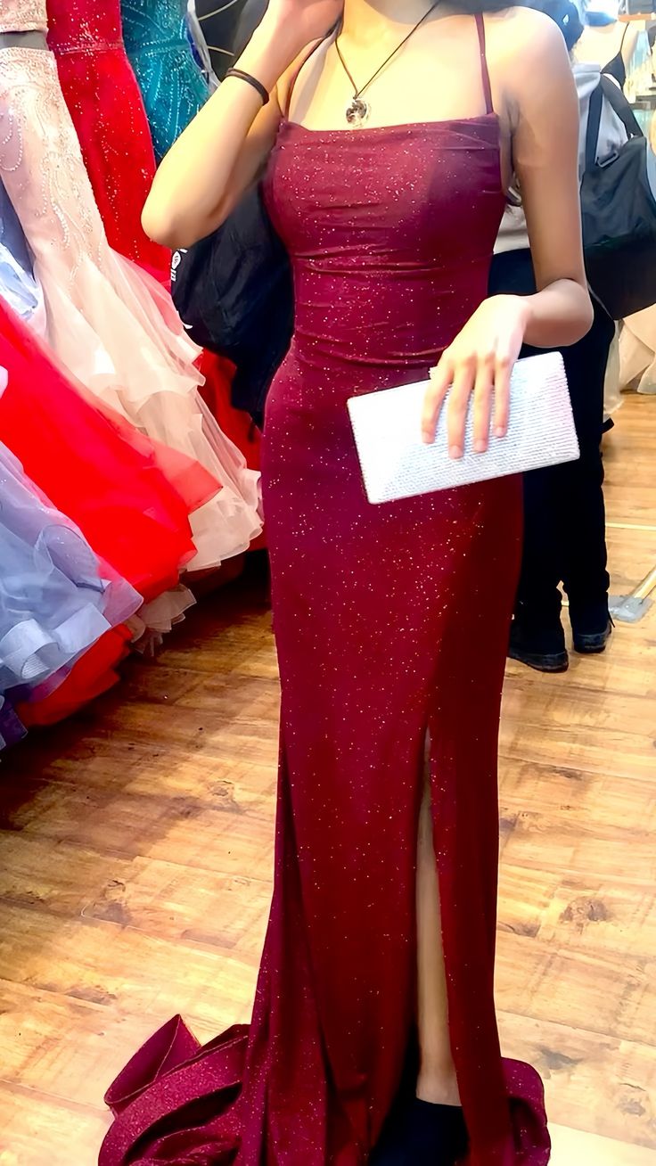 Pretty Sheath Spaghetti Straps Burgundy Slit Long Formal Evening Dresses Formal Prom Dresses