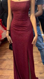 Pretty Sheath Spaghetti Straps Burgundy Slit Long Formal Evening Dresses Formal Prom Dresses