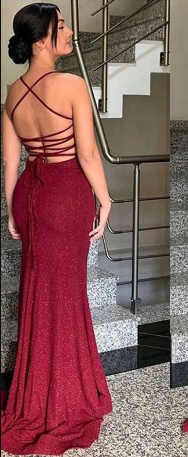 Pretty Sheath Spaghetti Straps Burgundy Slit Long Formal Evening Dresses Formal Prom Dresses