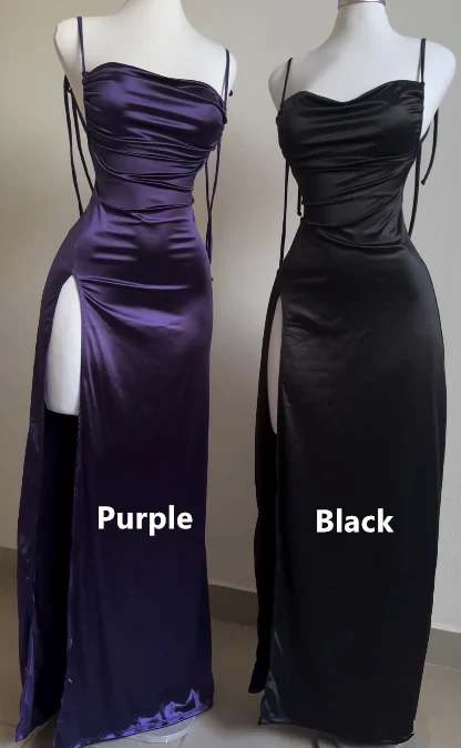 Pretty Sheath Spaghetti Straps Floor Length Ruffles Grape Slit Formal Prom Dresses Secondary image