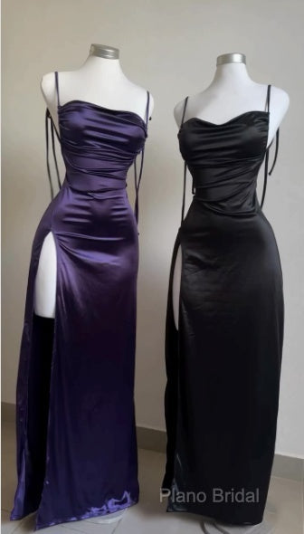 Pretty Sheath Spaghetti Straps Floor Length Ruffles Grape Slit Formal Prom Dresses Secondary image
