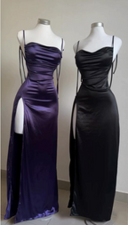 Pretty Sheath Spaghetti Straps Floor Length Ruffles Grape Slit Formal Prom Dresses