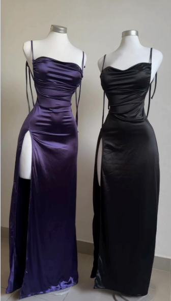Pretty Sheath Spaghetti Straps Floor Length Ruffles Grape Slit Formal Prom Dresses
