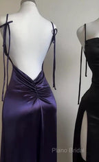 Pretty Sheath Spaghetti Straps Floor Length Ruffles Grape Slit Formal Prom Dresses