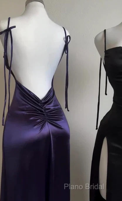 Pretty Sheath Spaghetti Straps Floor Length Ruffles Grape Slit Formal Prom Dresses
