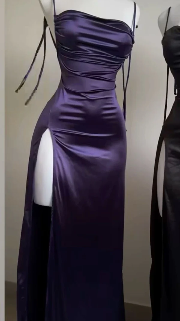 Pretty Sheath Spaghetti Straps Floor Length Ruffles Grape Slit Formal Prom Dresses