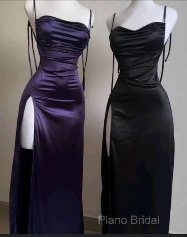 Pretty Sheath Spaghetti Straps Floor Length Ruffles Grape Slit Formal Prom Dresses