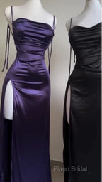 Pretty Sheath Spaghetti Straps Floor Length Ruffles Grape Slit Formal Prom Dresses