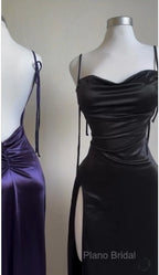 Pretty Sheath Spaghetti Straps Floor Length Ruffles Grape Slit Formal Prom Dresses
